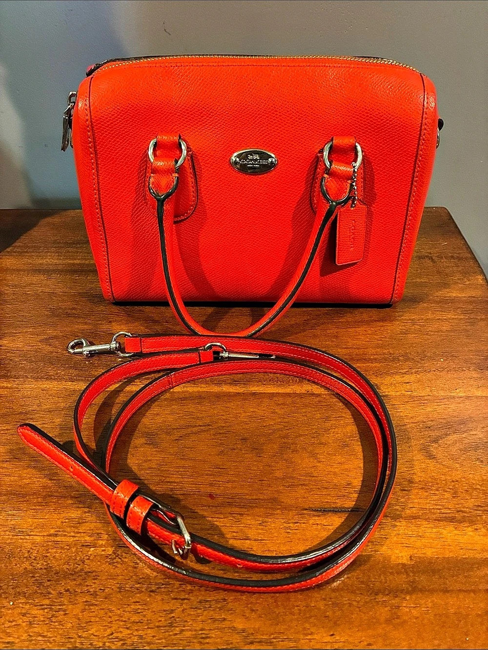 Coach Mini Bennett Satchel Orange Crossgrain Leather Red with Crossbody Strap